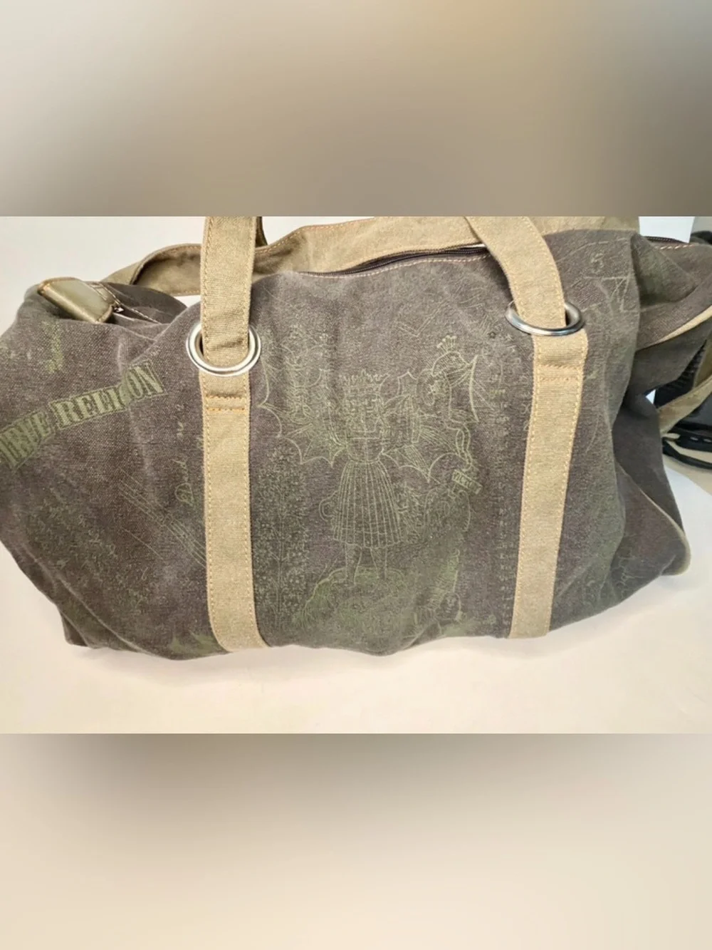 Vtg True Religion Mens TR Canvas Duffle Bag Tan OD Green 20x18x10 like new